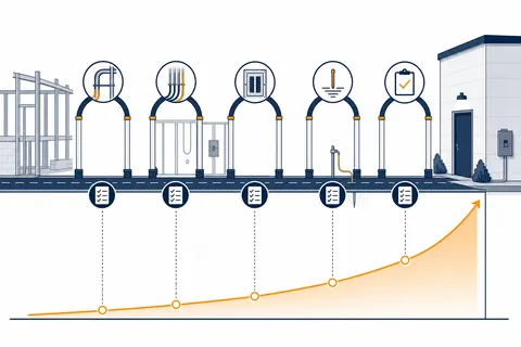 Linha do tempo de obra com os cinco portões de conferência marcados — infraestrutura, enfiação, quadros, aterramento, comissionamento — e o custo de correção crescendo a cada fase.