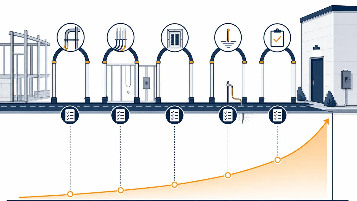 Linha do tempo de obra com os cinco portões de conferência marcados — infraestrutura, enfiação, quadros, aterramento, comissionamento — e o custo de correção crescendo a cada fase.