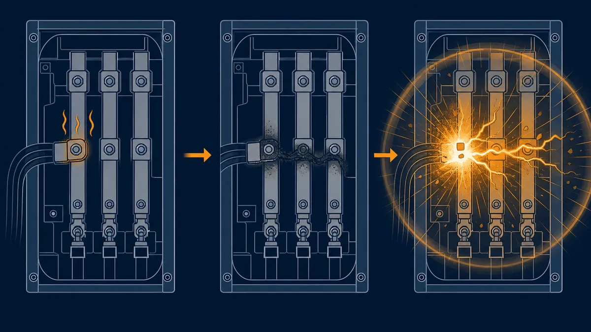 Sequência esquemática de três quadros: conexão frouxa aquecendo, isolação carbonizada criando caminho condutor, arco estabelecido com onda de pressão.