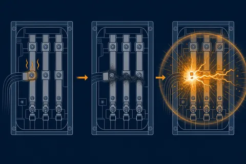 Sequência esquemática de três quadros: conexão frouxa aquecendo, isolação carbonizada criando caminho condutor, arco estabelecido com onda de pressão.
