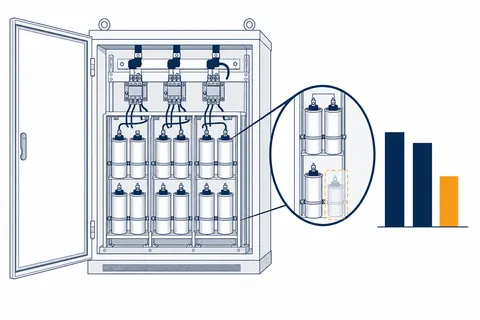 Banco de capacitores em painel elétrico com um estágio destacado, mostrando comparação de leitura de capacitância por fase com uma fase abaixo das demais.
