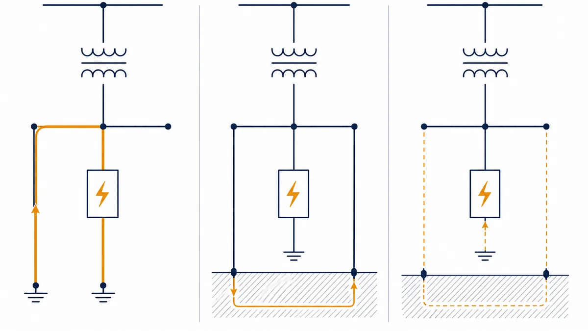 Três diagramas lado a lado dos esquemas TN, TT e IT, mostrando o percurso da corrente de primeira falta em cada configuração.