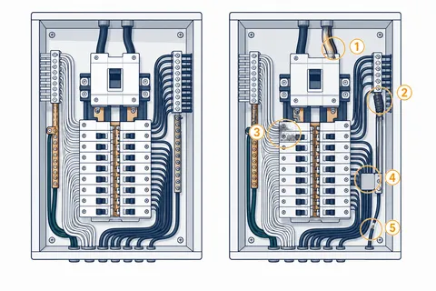 Interior de quadro elétrico em duas versões lado a lado: organizado e identificado, e o mesmo quadro com improvisos marcados por destaques numerados.