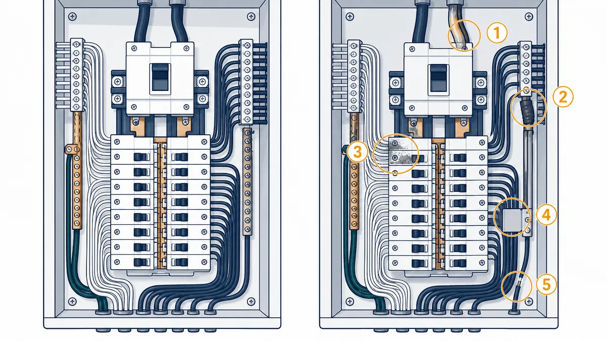 Interior de quadro elétrico em duas versões lado a lado: organizado e identificado, e o mesmo quadro com improvisos marcados por destaques numerados.