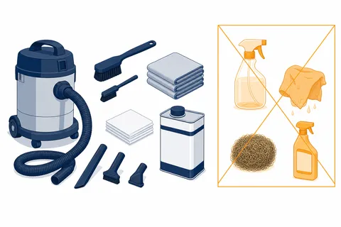 Bancada com materiais corretos para limpeza de painel elétrico — aspirador com bocais, pincéis antiestáticos, panos, solvente dielétrico — ao lado da lista de itens proibidos.