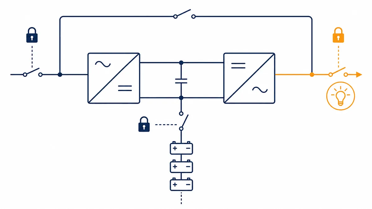 Diagrama de um UPS de dupla conversão com os quatro pontos de energia marcados — entrada, bypass, banco de baterias, saída — e cadeados indicados em cada um.
