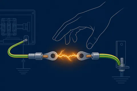 Diagrama de um condutor de aterramento seccionado, com tensão aparecendo entre as pontas abertas e a silhueta de uma mão fechando o circuito ao tocar as duas partes.