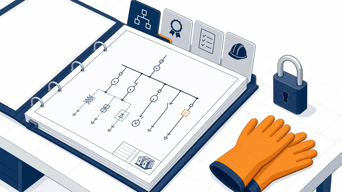 Pasta técnica aberta sobre bancada, com diagrama unifilar visível e abas rotuladas — diagramas, laudos, procedimentos, treinamentos.
