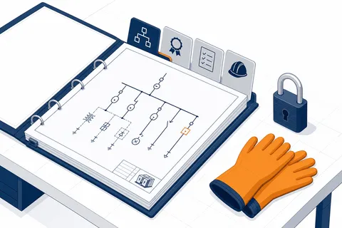 Pasta técnica aberta sobre bancada, com diagrama unifilar visível e abas rotuladas — diagramas, laudos, procedimentos, treinamentos.