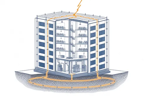 Edificação em corte com os três subsistemas do SPDA destacados — captação na cobertura, descidas no perímetro e anel de aterramento no solo — e a corrente de descarga percorrendo o caminho completo.
