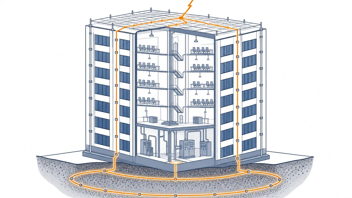 Edificação em corte com os três subsistemas do SPDA destacados — captação na cobertura, descidas no perímetro e anel de aterramento no solo — e a corrente de descarga percorrendo o caminho completo.