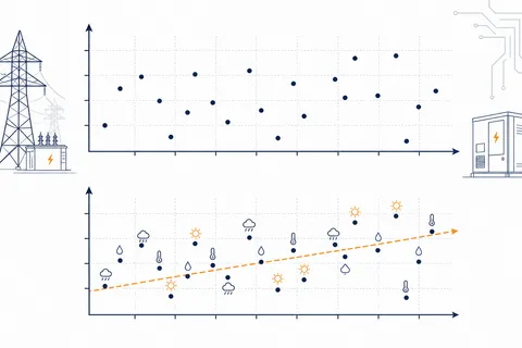 Mesma curva de medições anuais mostrada duas vezes: sem registro de condições parecendo errática, e com condições anotadas revelando tendência clara.
