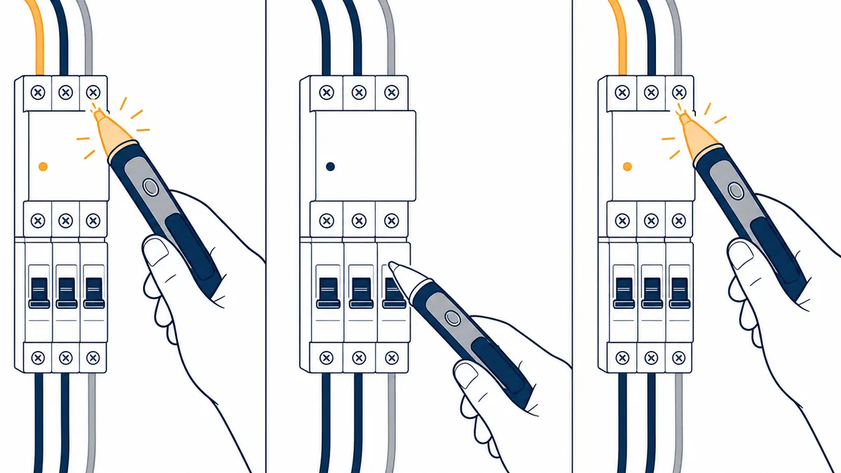 Sequência em três quadros do autoteste duplo do detector de tensão: fonte viva acusando, circuito de trabalho em zero, fonte viva acusando novamente.