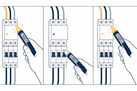 Sequência em três quadros do autoteste duplo do detector de tensão: fonte viva acusando, circuito de trabalho em zero, fonte viva acusando novamente.